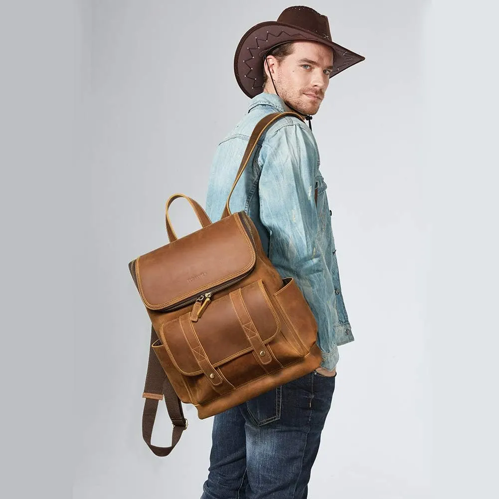 BOSTANTEN Leather Backpack for Men 15.6 inch Laptop Backpack Vintage Travel Office Bag Large Capacity Shoulder Bag Brown