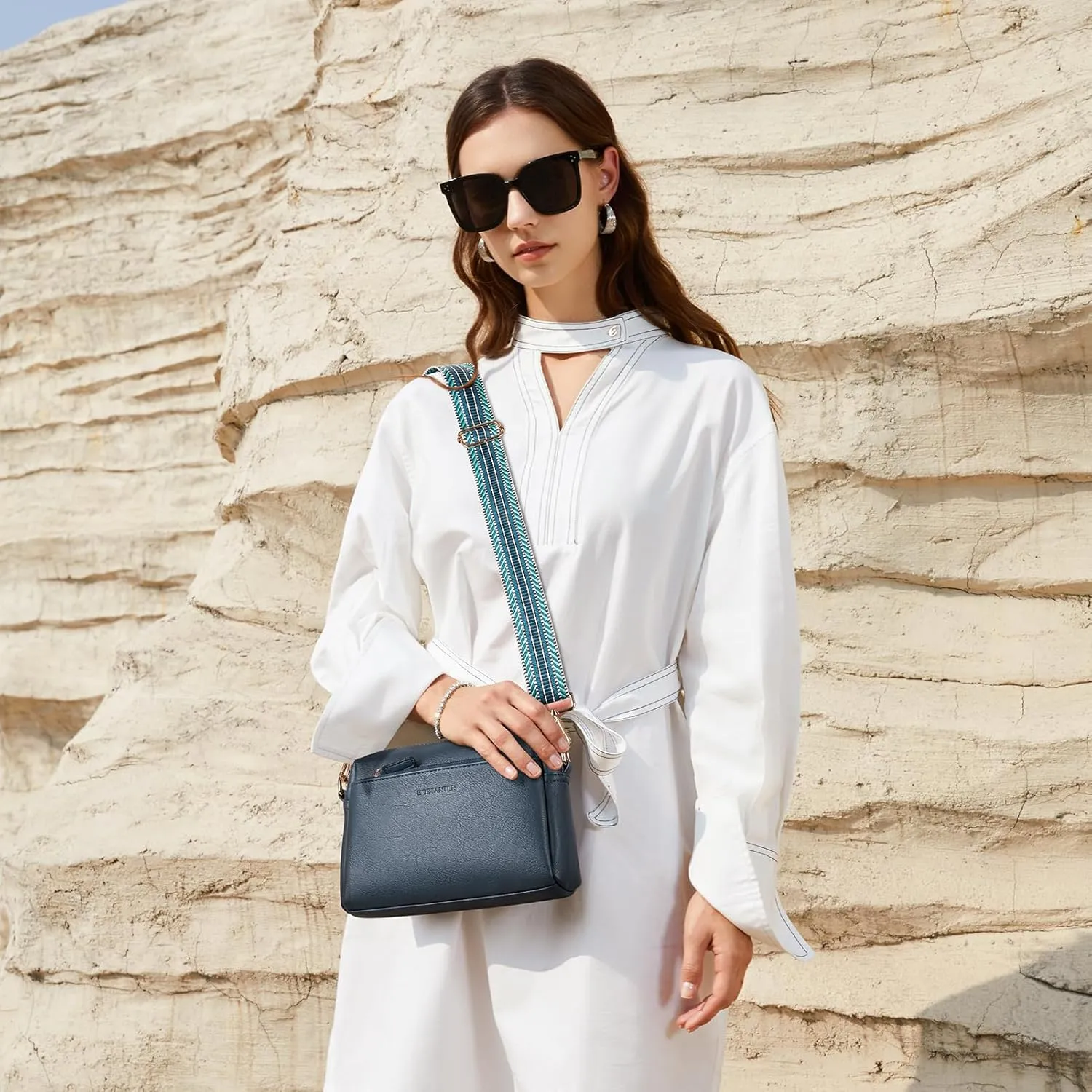 BOSTANTEN Small Crossbody Purse for Women Triple Zip Cell Phone Leather Handbag with Colored Shoulder Strap
