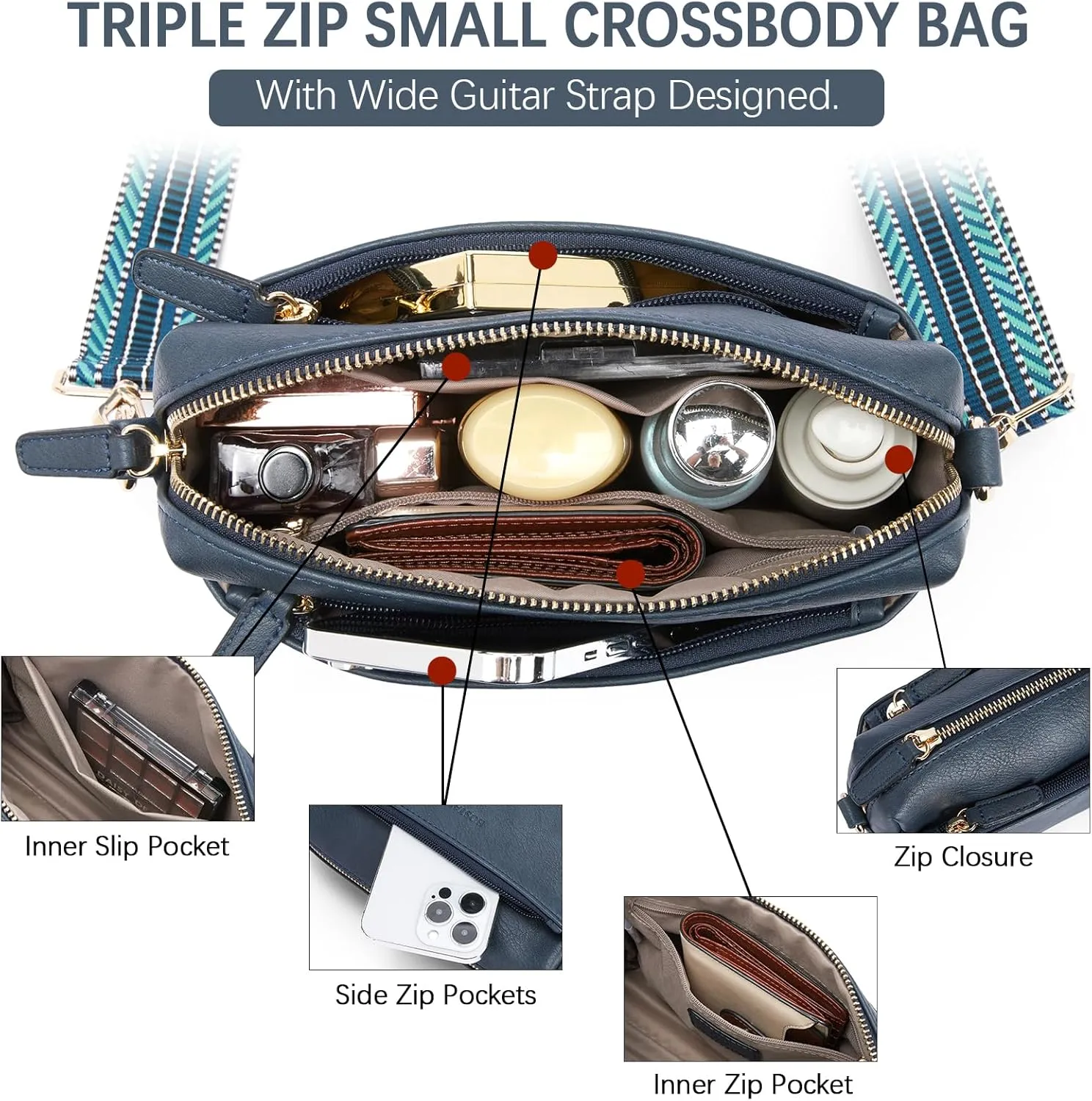 BOSTANTEN Small Crossbody Purse for Women Triple Zip Cell Phone Leather Handbag with Colored Shoulder Strap