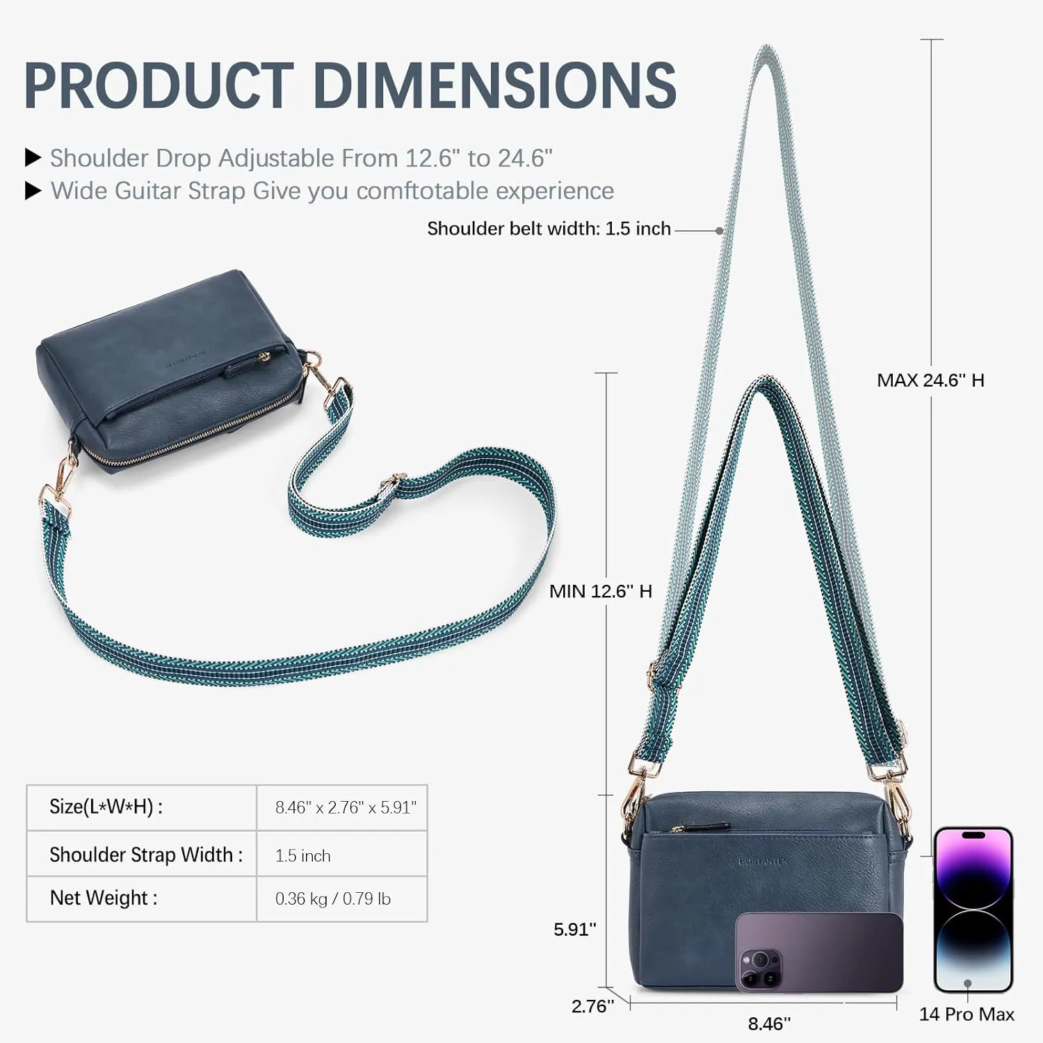 BOSTANTEN Small Crossbody Purse for Women Triple Zip Cell Phone Leather Handbag with Colored Shoulder Strap