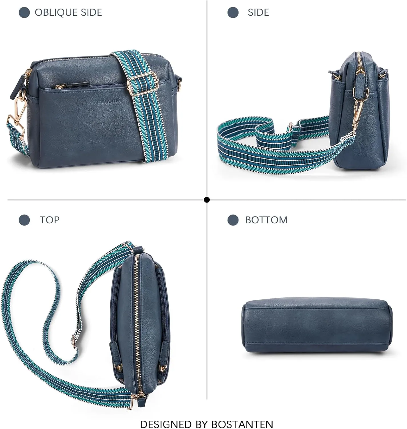 BOSTANTEN Small Crossbody Purse for Women Triple Zip Cell Phone Leather Handbag with Colored Shoulder Strap
