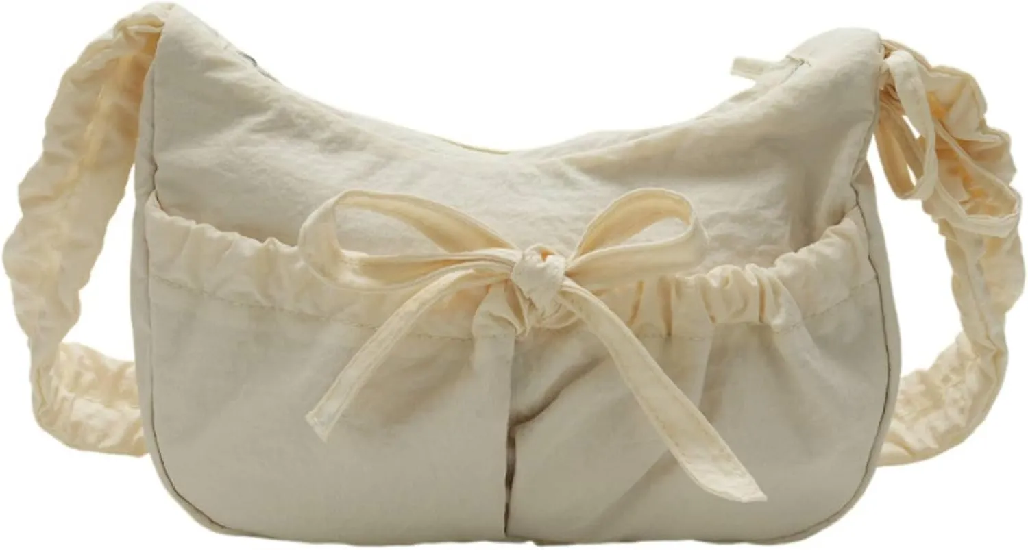 Bow Crinkle Crossbody Bag, Shoulder Bag Cute Tote Bag,Lightweight Foldable Crossbody for Women.