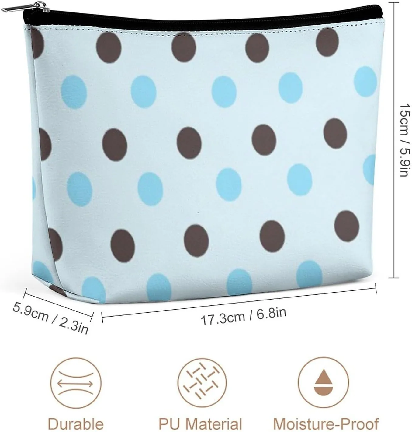 Brown and Blue Polka Dot Cosmetic Bag, Travel Portable Makeup Bag for Purse Pouch Beauty Zipper Organizer Toiletry Bag for Women