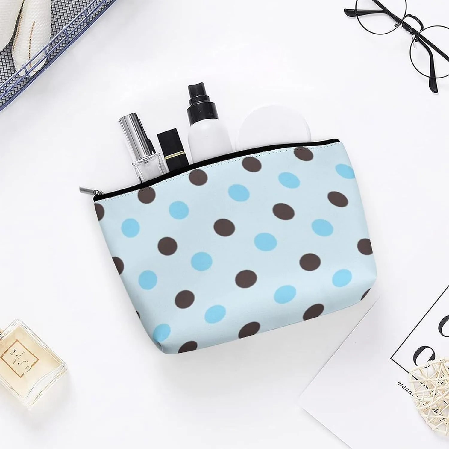 Brown and Blue Polka Dot Cosmetic Bag, Travel Portable Makeup Bag for Purse Pouch Beauty Zipper Organizer Toiletry Bag for Women