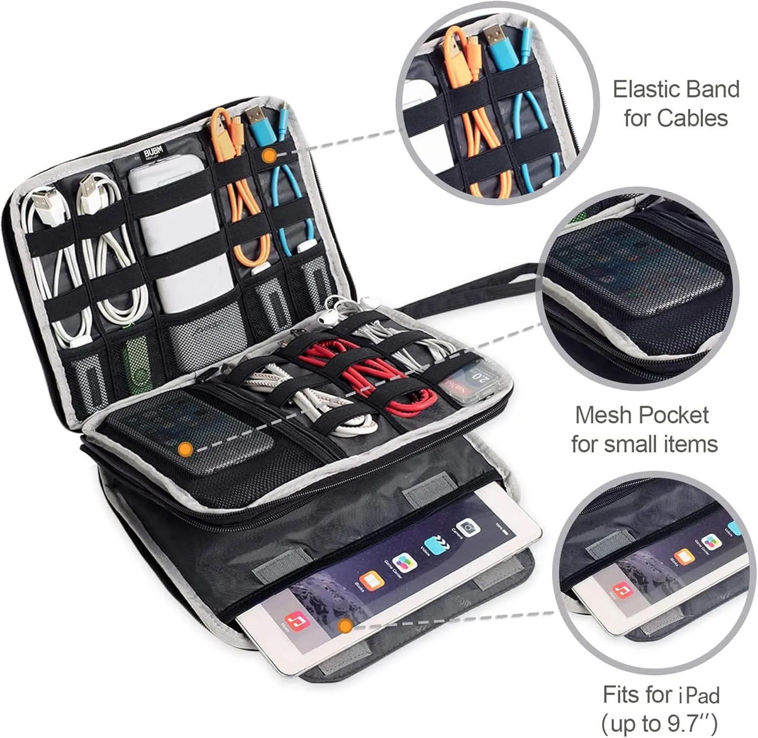BUBM Double Layer Electronics Organizer/Travel Gadget Bag for Cables, Memory Cards, Flash Hard Drive and More, Fit for iPad or Tablet(up to 9.7")-Large, Blue