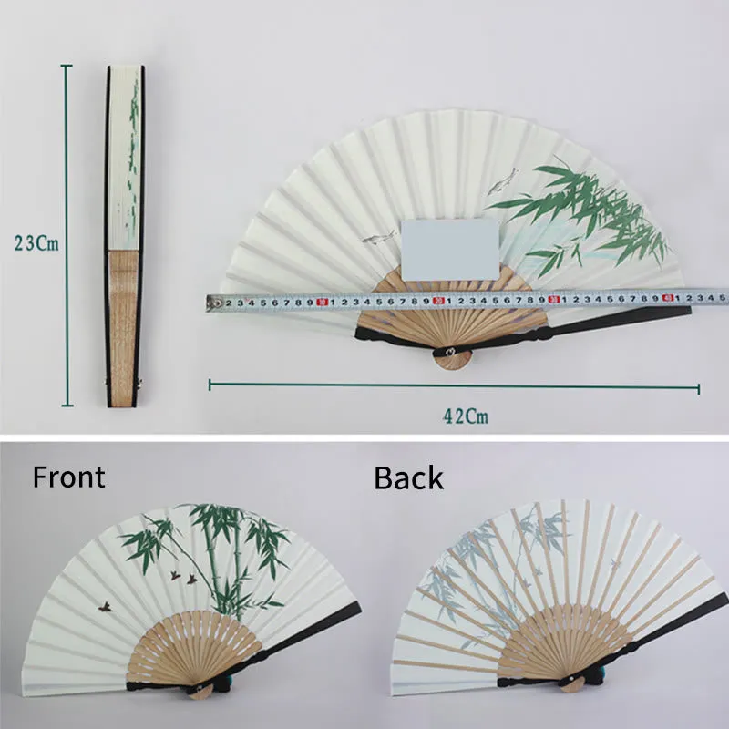 Buddha Stones Bamboo Koi Fish Crane Handheld Cotton Linen Folding Fan