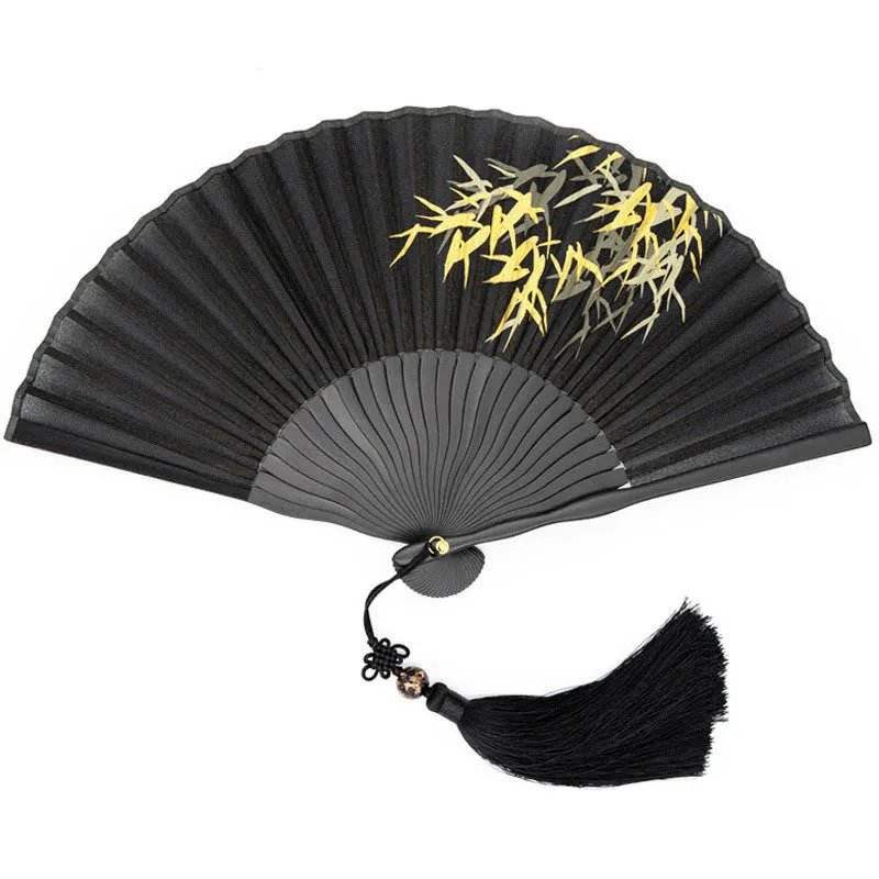 Buddha Stones Black Bamboo Leaf Print Silk Handheld Bamboo Folding Fan