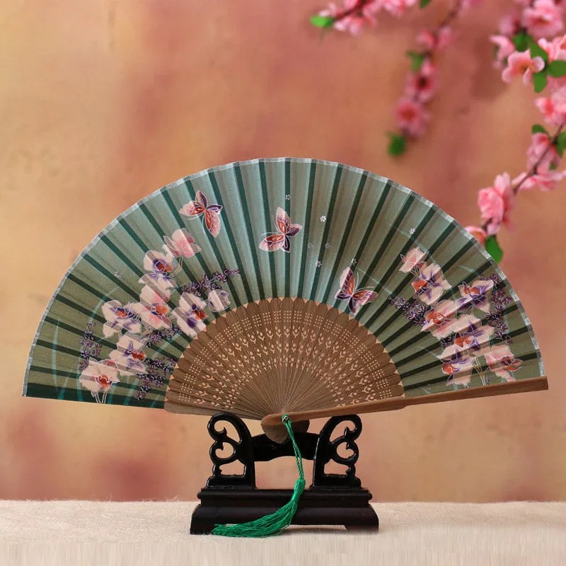 Buddha Stones Cherry Blossom Lily Butterfly Bamboo Handheld Bamboo Folding Fan 21cm