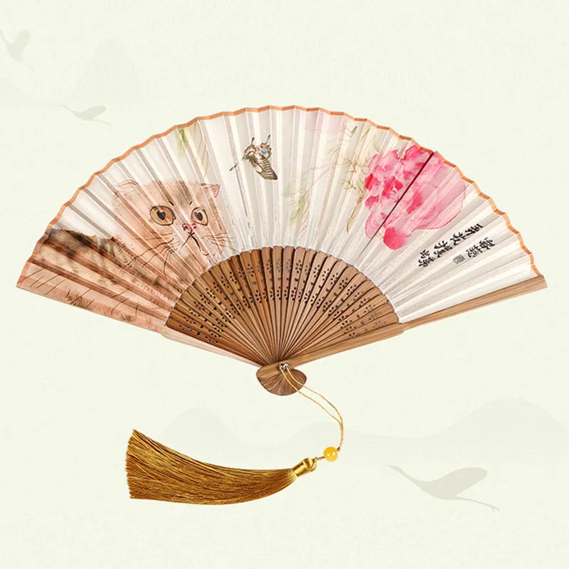 Buddha Stones Cute Cat Butterfly Flowers Pattern Handheld Silk Bamboo Folding Fan 21cm