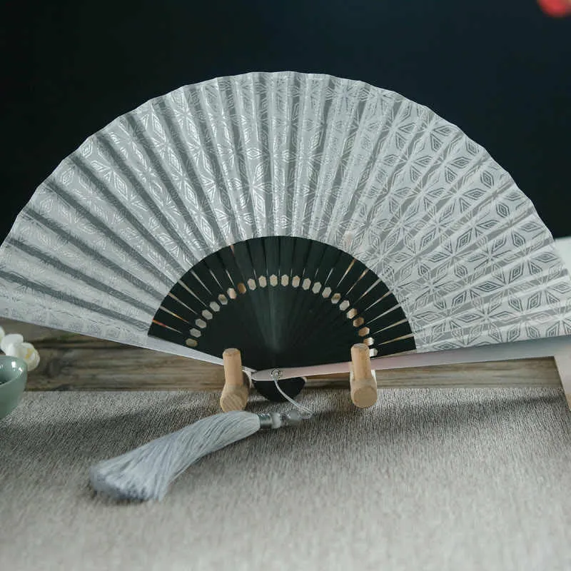 Buddha Stones Geometric Patterns Aluminum Alloy Side Tassels Silk Handheld Bamboo Folding Fan