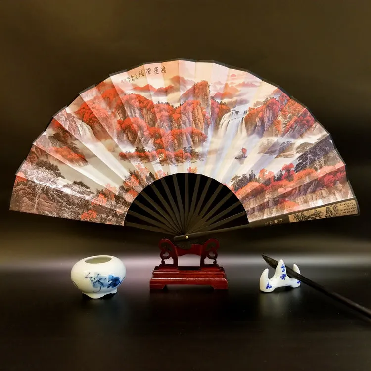Buddha Stones Great Wall Mountains Trees Crane Bamboo Handheld Bamboo Folding Fan 33.5cm