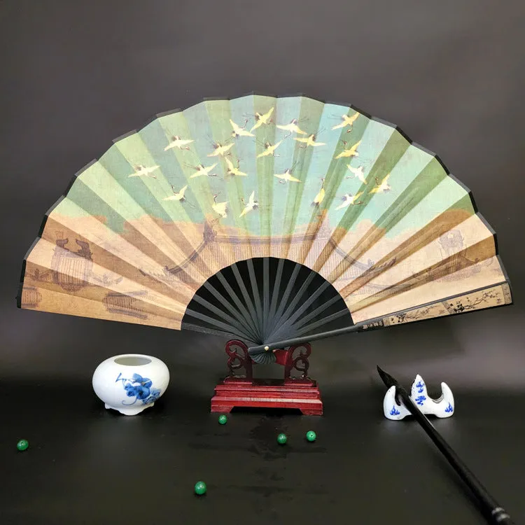 Buddha Stones Great Wall Mountains Trees Crane Bamboo Handheld Bamboo Folding Fan 33.5cm