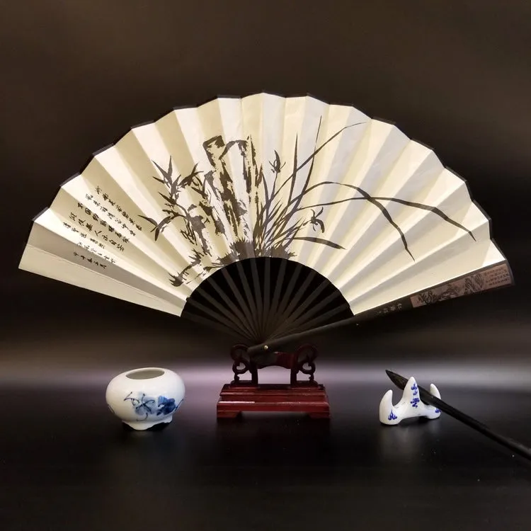 Buddha Stones Great Wall Mountains Trees Crane Bamboo Handheld Bamboo Folding Fan 33.5cm