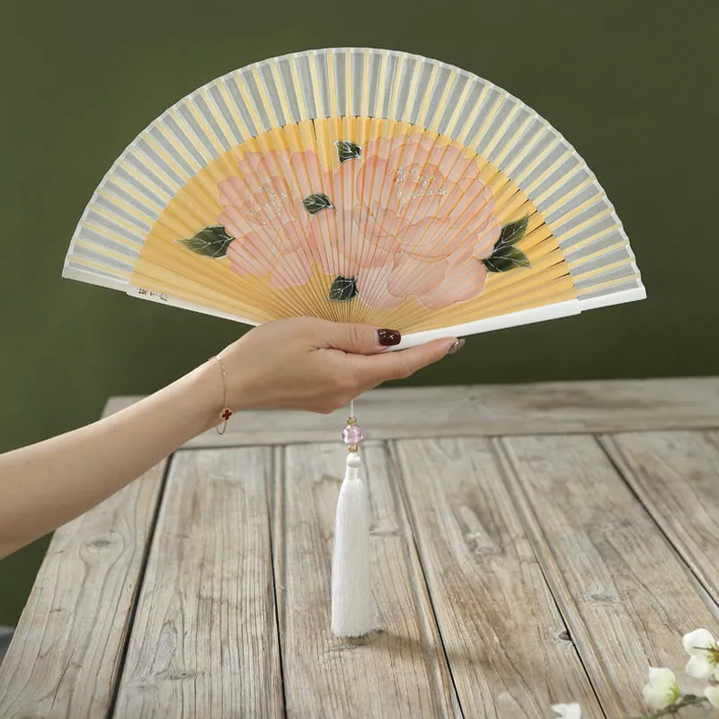 Buddha Stones Peony Flowers Silk Handheld Bamboo Folding Fan