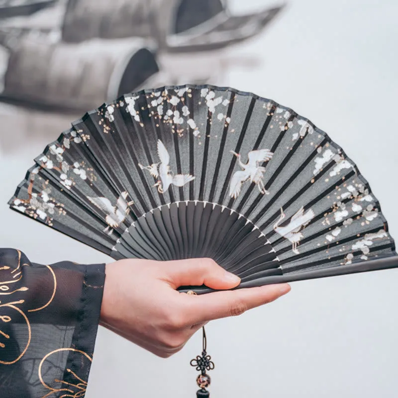 Buddha Stones Plum Blossom Crane Silk Handheld Bamboo Folding Fan