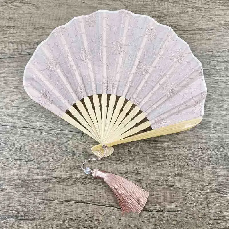 Buddha Stones Retro Large Flower Embroidery Shell Shape Tassels Handheld Bamboo Folding Fan