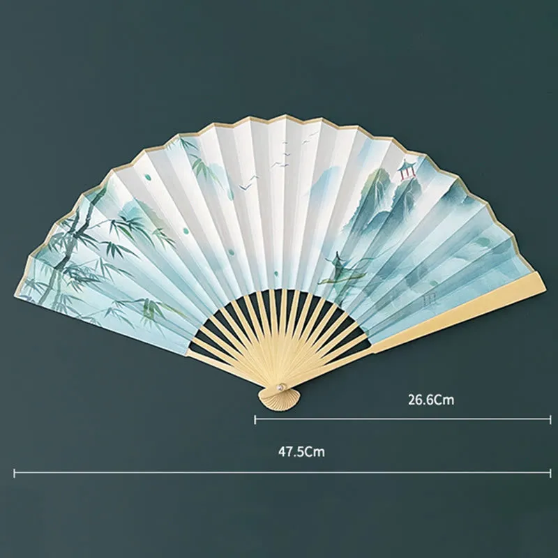 Buddha Stones Retro Lotus Flower Leaf Mountain Lake Handheld Folding Fan With Bamboo Frames