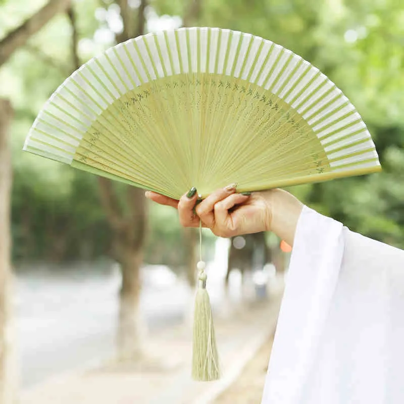 Buddha Stones Solid Color Dragonfly Tassel Handheld Mulberry Silk Bamboo Folding Fan