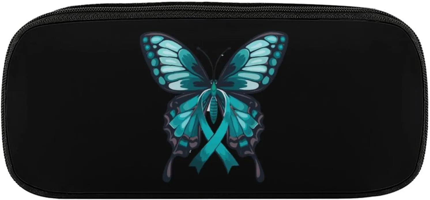 Butterfly Cancer Awareness Pencil Bags Leather Pen Case Cosmetic Makeup Bag Small Stationery Pouch Cases