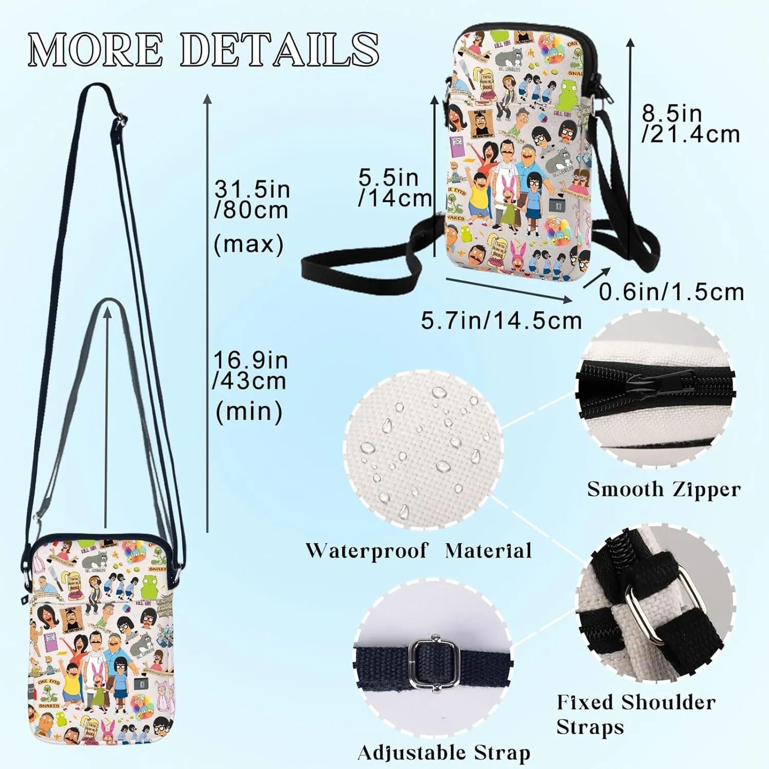 BWWKTOP Hamburger Cartoon Crossbody Bag Linda ＆＆Gene ＆ Louise Fans Gift Tina Belcher Crossover Shoulder Bag