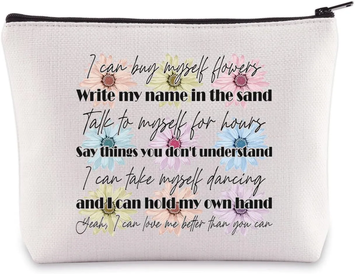 BWWKTOP Song Lyrics Makeup Bag Singer Album Gifts I Can Buy Myself Flowers Write My Name In The Sand Zipper Pouch For Singer Fans(Buy Myself Flowers)