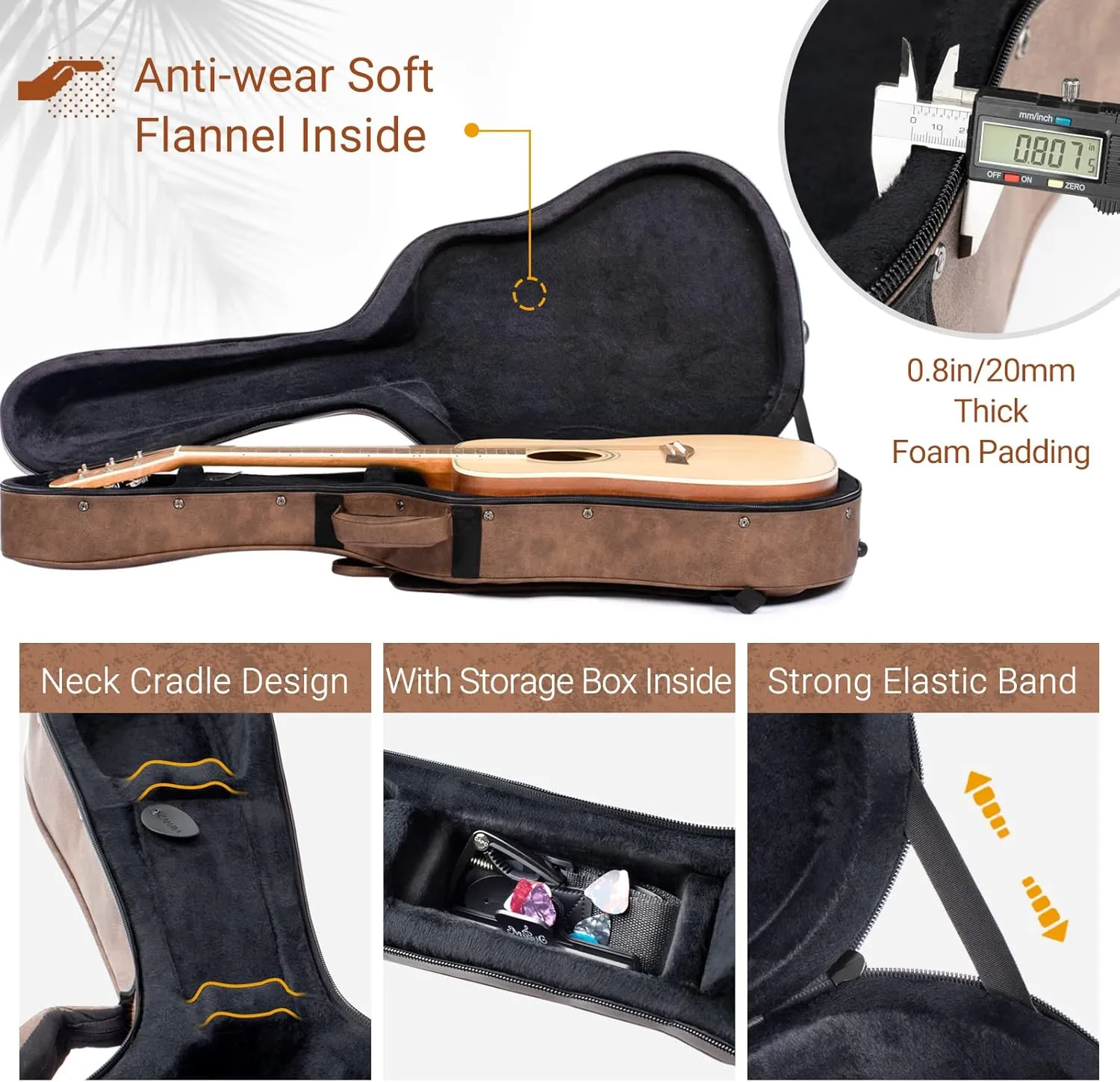 CAHAYA Acoustic Guitar Case Waterproof Hardshell 0.8in Thick Padding Waterproof PU Design Easy Cleaning with 3 Pockets and Storage Box Inside Guitar Hard Case for 40 inch Acoustic Guitar