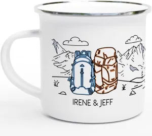 Camping Mug Enamel. Custom Name Ceramic Campfire Coffee Mug. Personalized Wedding Engagement Camp Cup, Christmas Gift for Couple Friend Husband Wife (Backpack Adventure)