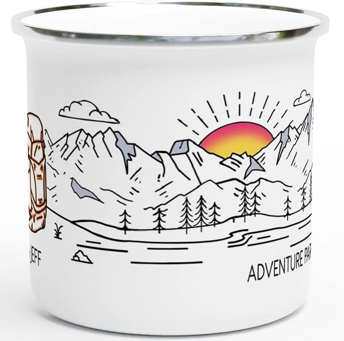 Camping Mug Enamel. Custom Name Ceramic Campfire Coffee Mug. Personalized Wedding Engagement Camp Cup, Christmas Gift for Couple Friend Husband Wife (Backpack Adventure)