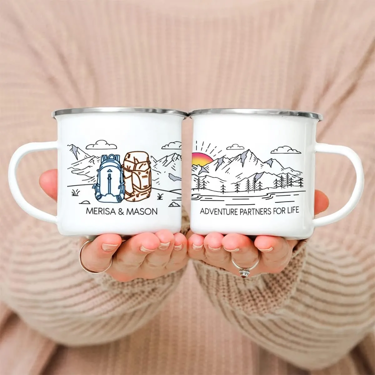 Camping Mug Enamel. Custom Name Ceramic Campfire Coffee Mug. Personalized Wedding Engagement Camp Cup, Christmas Gift for Couple Friend Husband Wife (Backpack Adventure)
