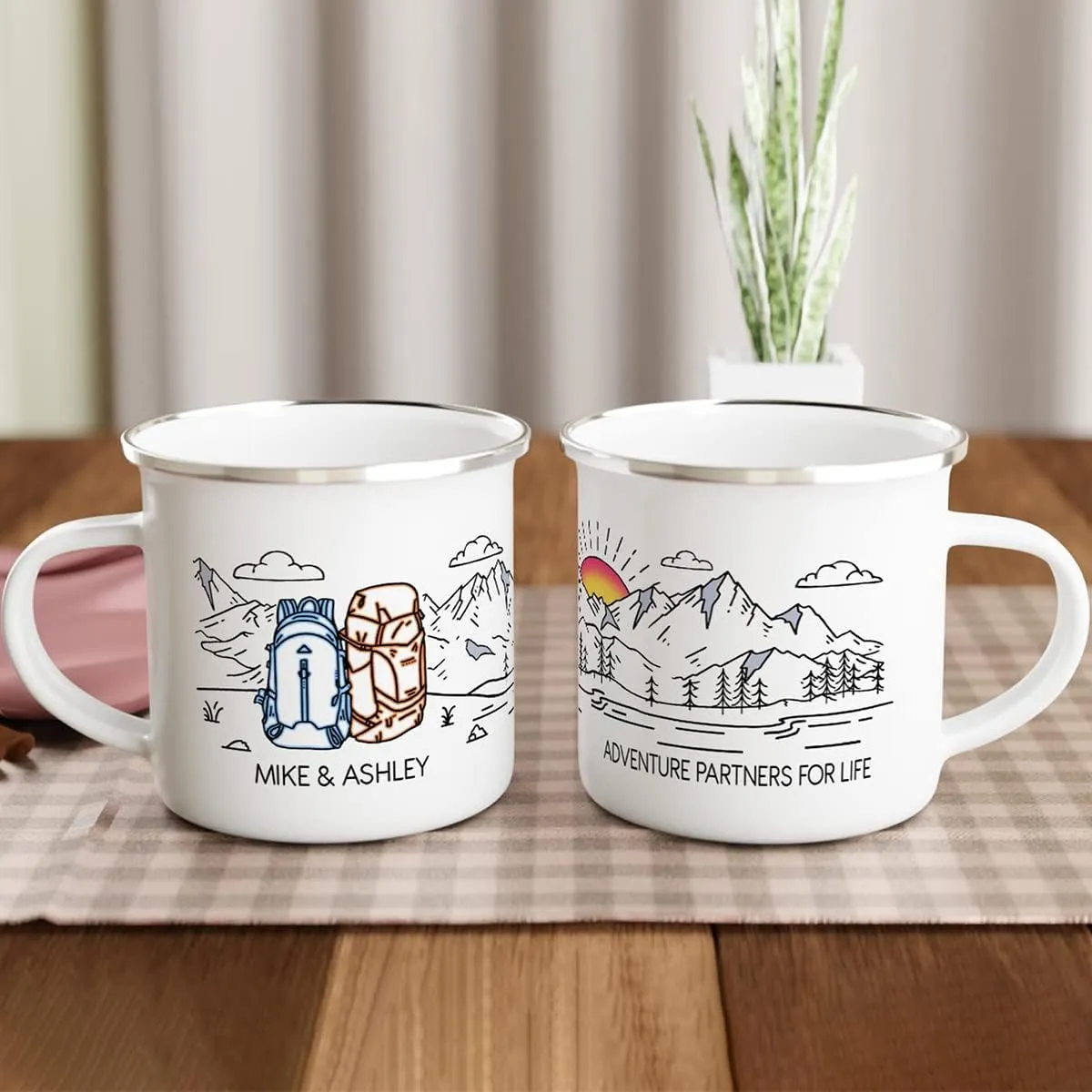 Camping Mug Enamel. Custom Name Ceramic Campfire Coffee Mug. Personalized Wedding Engagement Camp Cup, Christmas Gift for Couple Friend Husband Wife (Backpack Adventure)
