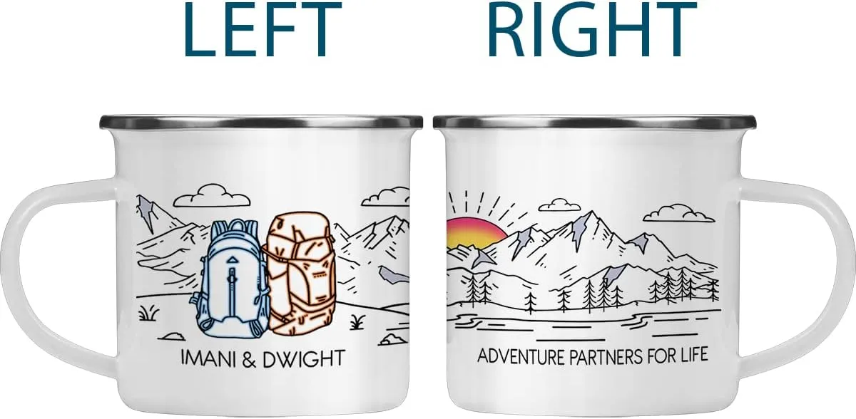 Camping Mug Enamel. Custom Name Ceramic Campfire Coffee Mug. Personalized Wedding Engagement Camp Cup, Christmas Gift for Couple Friend Husband Wife (Backpack Adventure)