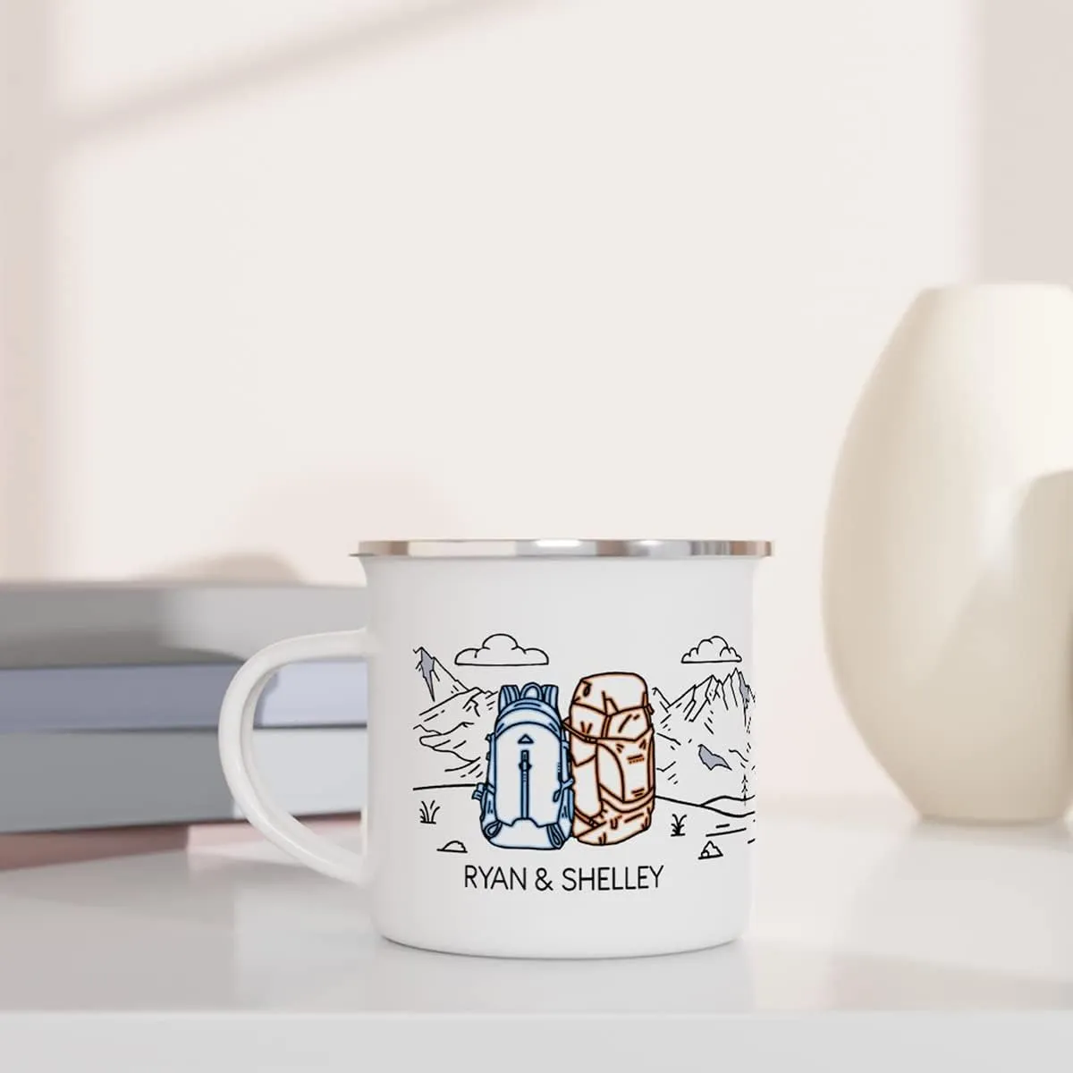 Camping Mug Enamel. Custom Name Ceramic Campfire Coffee Mug. Personalized Wedding Engagement Camp Cup, Christmas Gift for Couple Friend Husband Wife (Backpack Adventure)