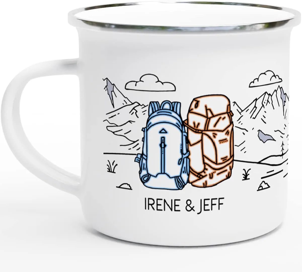 Camping Mug Enamel. Custom Name Ceramic Campfire Coffee Mug. Personalized Wedding Engagement Camp Cup, Christmas Gift for Couple Friend Husband Wife (Backpack Adventure)