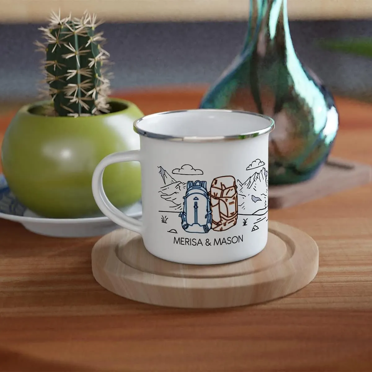 Camping Mug Enamel. Custom Name Ceramic Campfire Coffee Mug. Personalized Wedding Engagement Camp Cup, Christmas Gift for Couple Friend Husband Wife (Backpack Adventure)