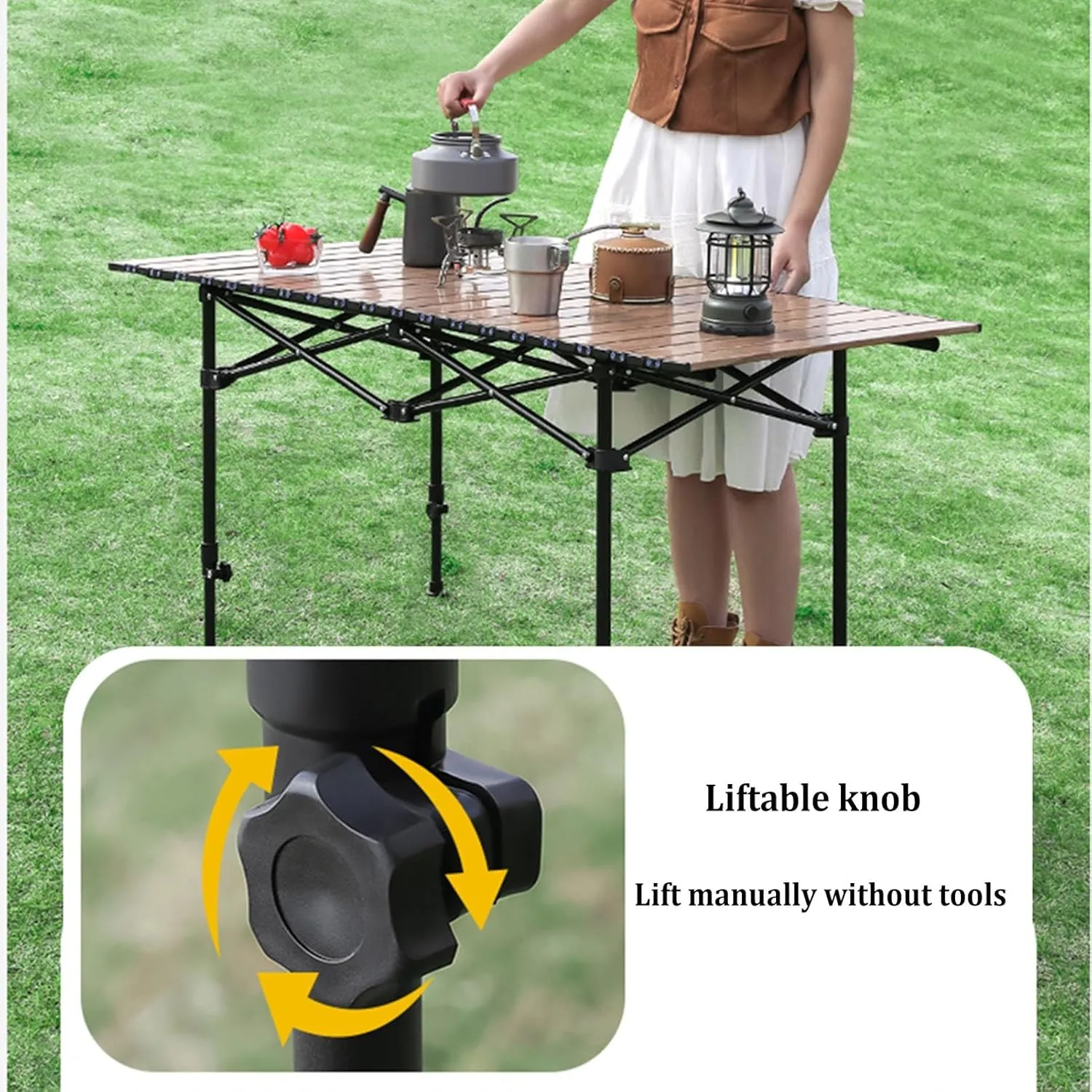 Camping Table Carbon Steel Aluminum Alloy Folding Picnic Table with Easy Carry Bag Lightweight Roll Table for Outdoor Cooking, Beach, 93*55CM