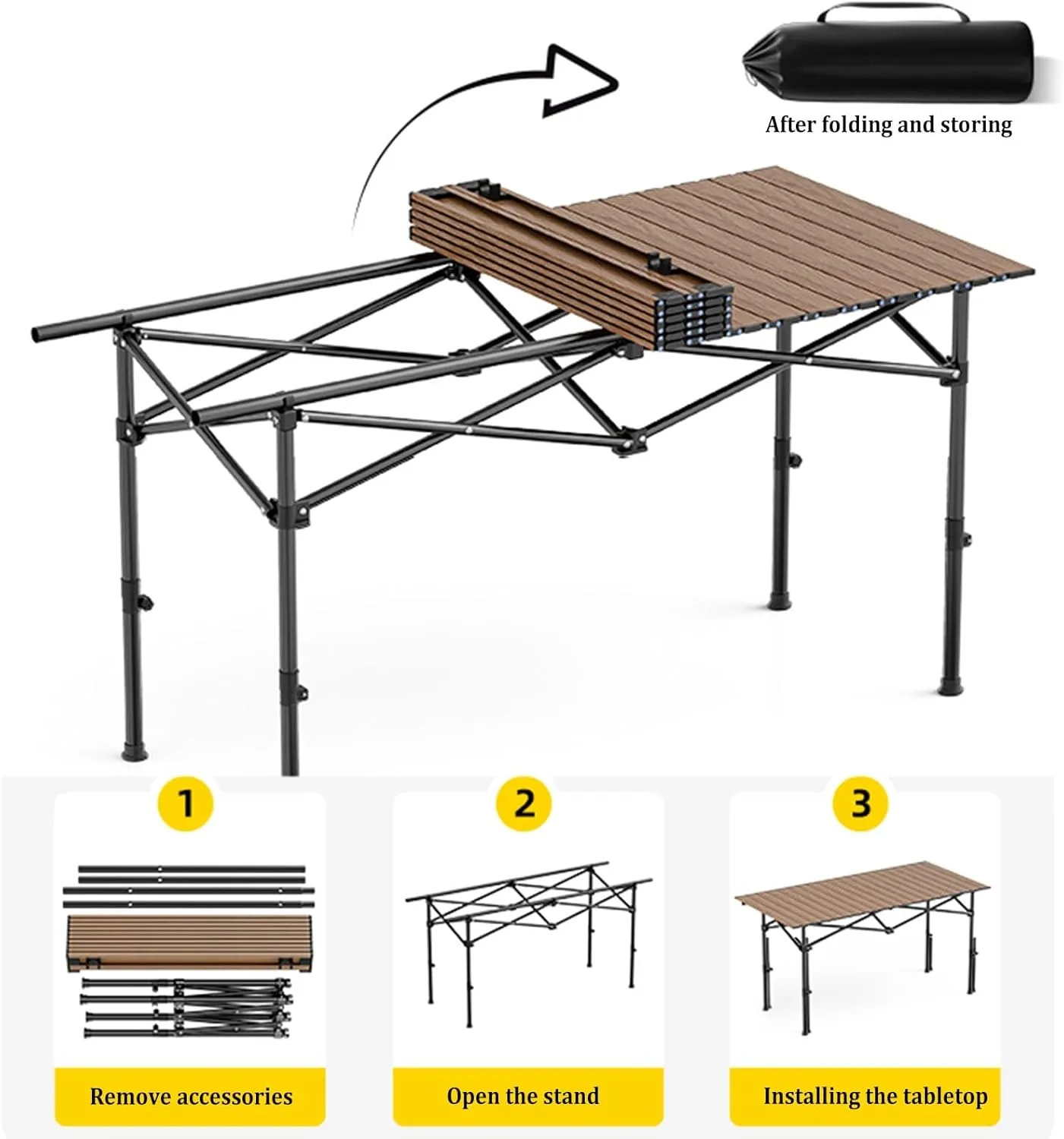 Camping Table Carbon Steel Aluminum Alloy Folding Picnic Table with Easy Carry Bag Lightweight Roll Table for Outdoor Cooking, Beach, 93*55CM