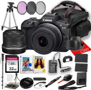 Canon EOS R100 Mirrorless Camera with 18-45mm Lens   32 GB Memory   Hood   Monopod   Filters   Tripod   More (24pc Bundle) (Renewed)