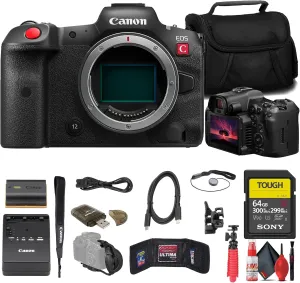 Canon EOS R5 C Mirrorless Cinema Camera (5077C002)   Sony 64GB Tough SD Card   Bag   Card Reader   Flex Tripod   Hand Strap   Memory Wallet   Cap Keeper   Cleaning Kit (Renewed)