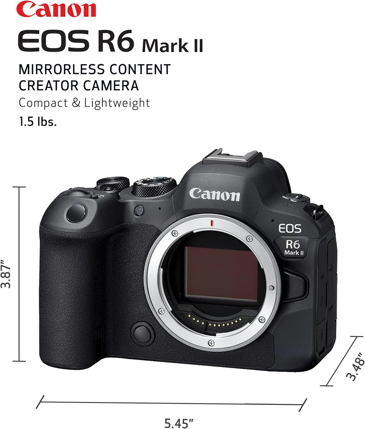 Canon EOS R6 Mark II Mirrorless Camera (Body Only), Full-Frame Camera, 24.2 Megapixel CMOS Sensor, Photo and Video Capabilities, Black