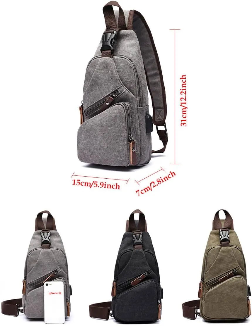 Canvas Sling Bag Crossbody Backpack Shoulder Casual Rucksack for Men Women Outdoor Cycling Hiking Travel Fishing Black