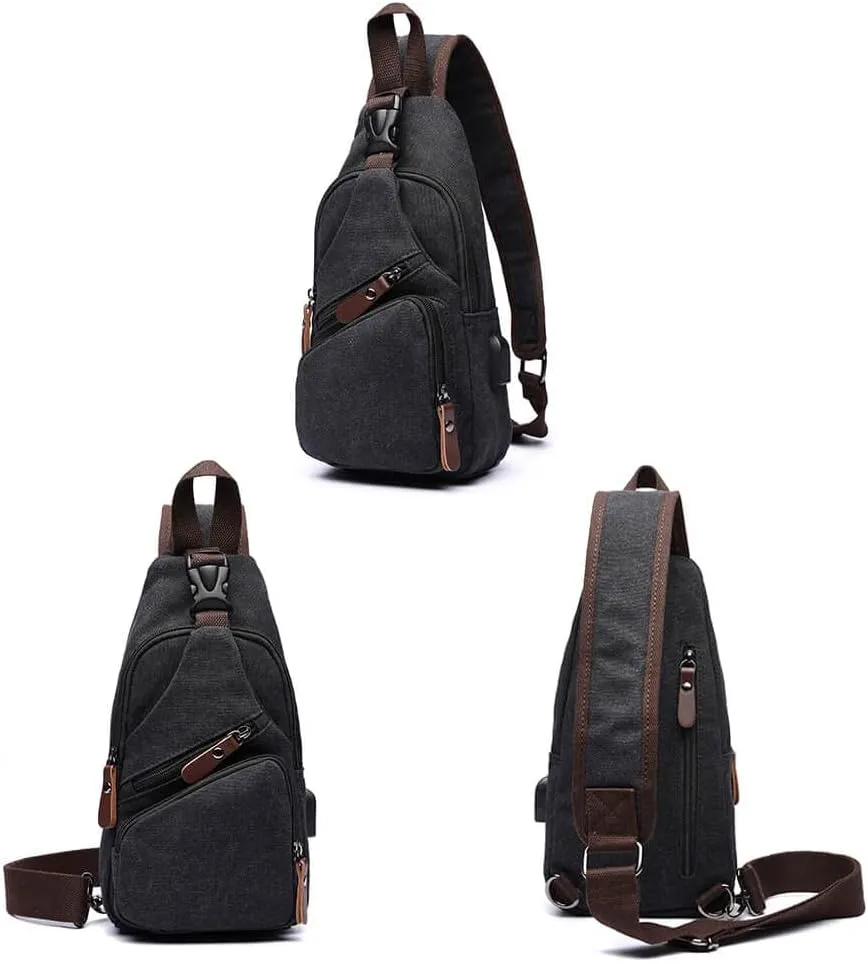 Canvas Sling Bag Crossbody Backpack Shoulder Casual Rucksack for Men Women Outdoor Cycling Hiking Travel Fishing Black