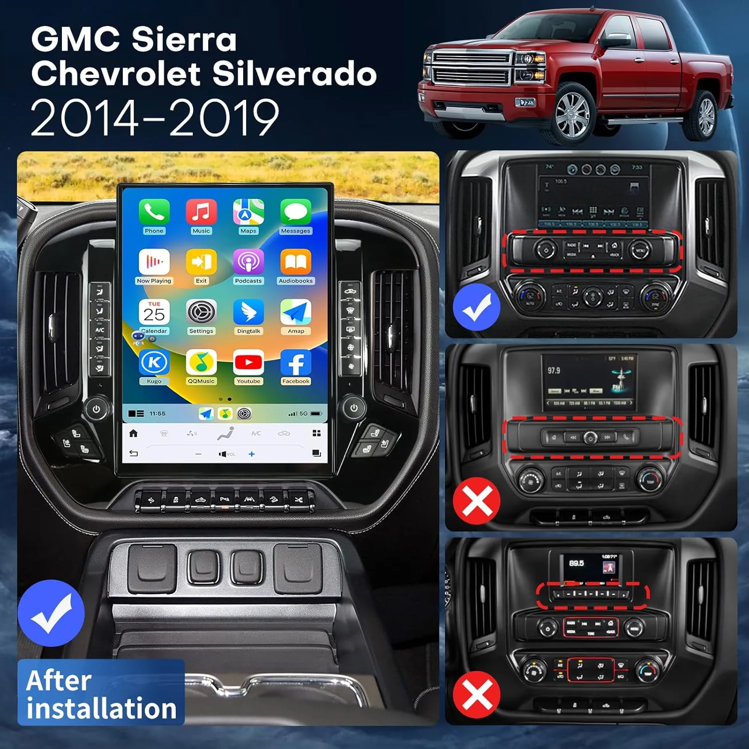 Car Radio for GMC Sierra Chevrolet Silverado 2014-2019 Stereo Radio Replacement Upgraded Carplay Android Auto 8 128G 15.6 Inches 2K Screen Tesla Style GPS Navigation OEM 8 Inch (Black)
