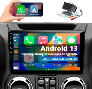 Car Radio Stereo for Jeep Wrangler JK 2007-2018 Dodge Ram 1500 2500 3500 Grand Cherokee, Android 13 2G 64G with CarPlay Android Auto 10 inch Touchscreen Head Unit, GPS BT WiFi AM/FM, Rear View Camera