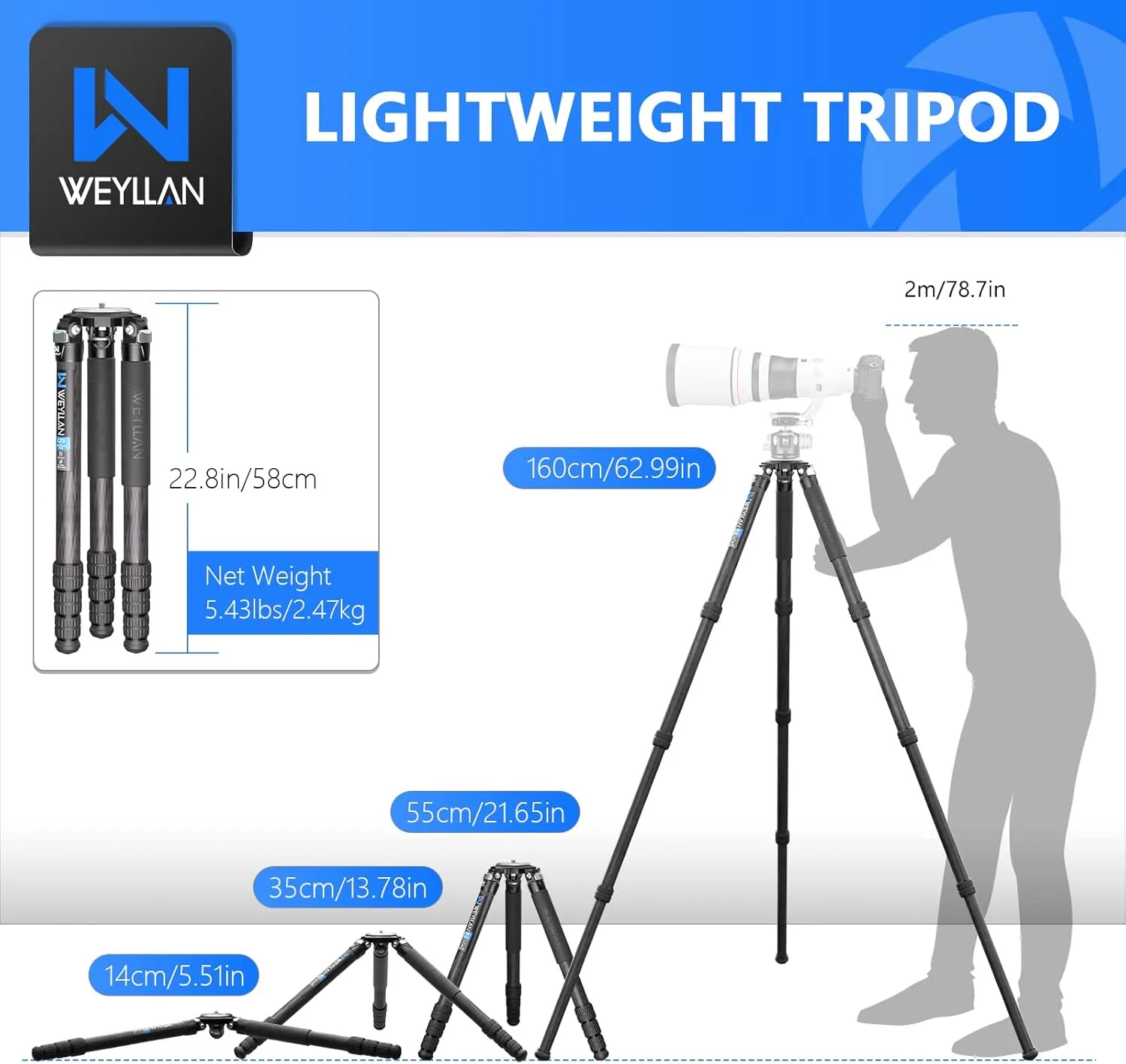 Carbon Fiber Tripod WEYLLAN LX9 Professional Heavy Duty Tripod for Camera, with 75mm Bowl and Adapter, 40mm Leg Tube, 10 Layers Carbon Fibre Bowl Tripods Camera Max Load 88lbs/40kg