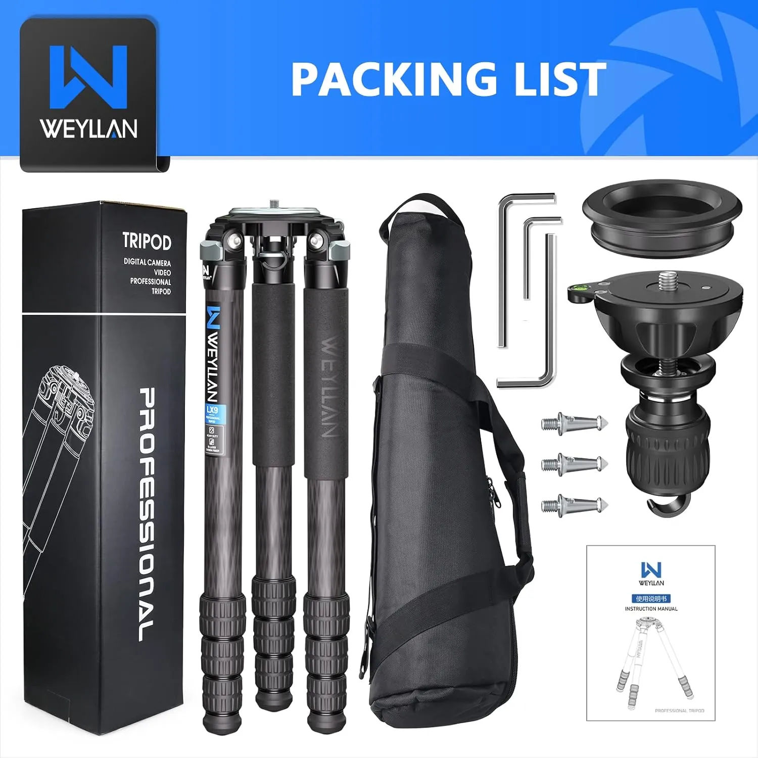 Carbon Fiber Tripod WEYLLAN LX9 Professional Heavy Duty Tripod for Camera, with 75mm Bowl and Adapter, 40mm Leg Tube, 10 Layers Carbon Fibre Bowl Tripods Camera Max Load 88lbs/40kg