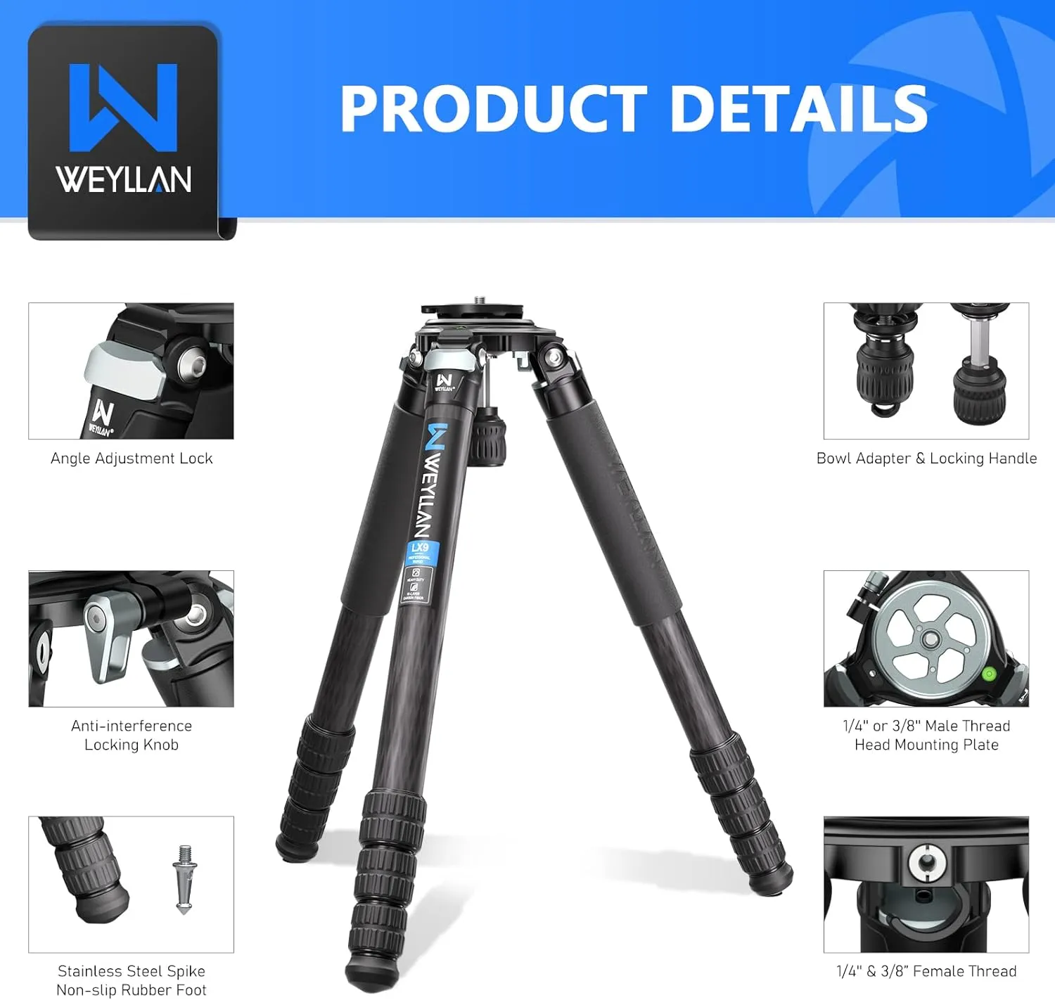 Carbon Fiber Tripod WEYLLAN LX9 Professional Heavy Duty Tripod for Camera, with 75mm Bowl and Adapter, 40mm Leg Tube, 10 Layers Carbon Fibre Bowl Tripods Camera Max Load 88lbs/40kg