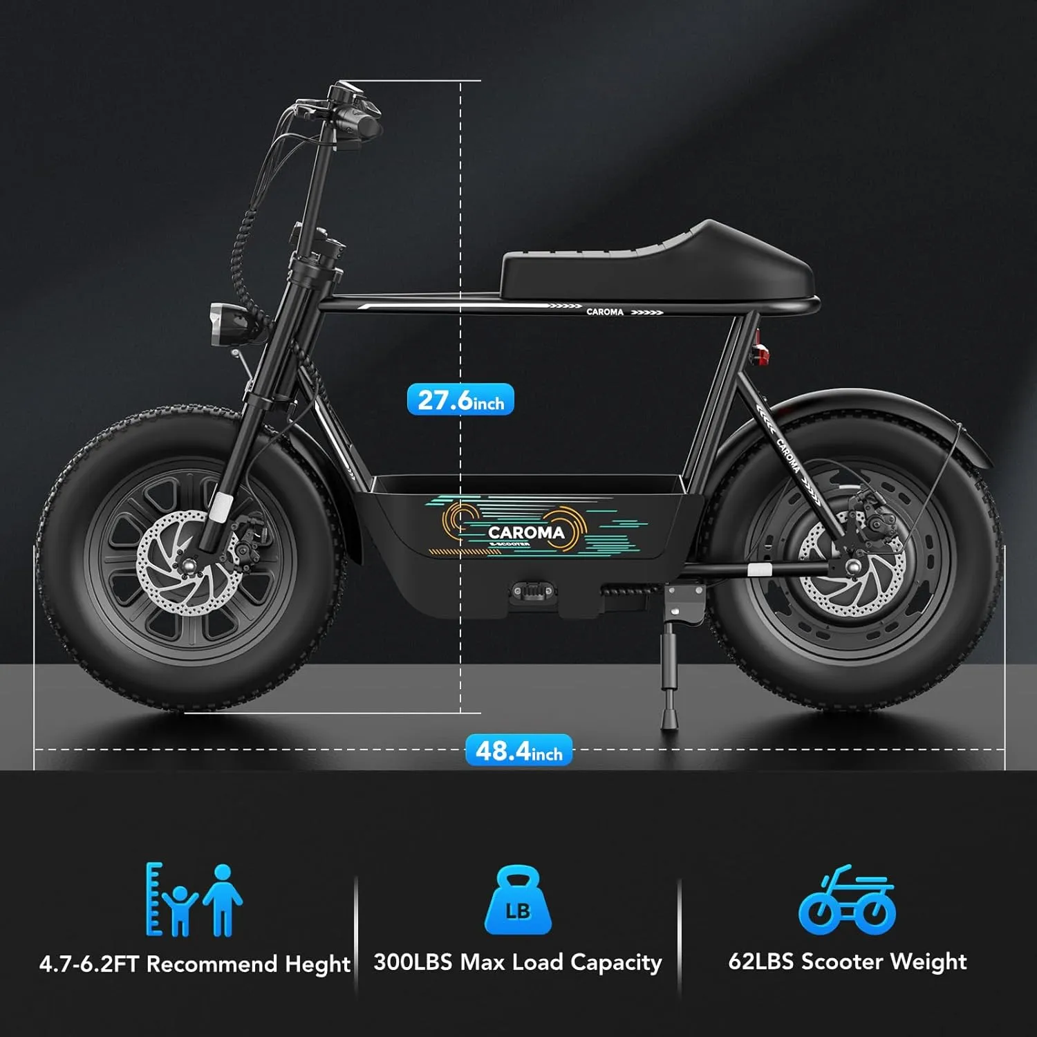 Caroma Peak 1200W Electric Scooter with Seat for Adults, 16" All Terrain Fat Tire Electric Dirt Bike, 30 Miles Ranges 20MPH Max Speed, Electric Motorcycle Bicycle with Basket for Pets & Cargo