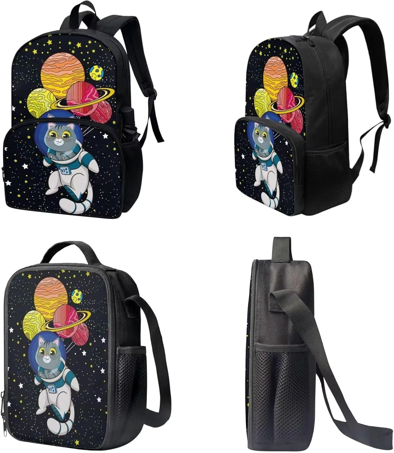 Cartoon Cat Planet Print Backpack Set Large Capacity School Bookbag for Student Travel Laptop Bag 3 Pack Bookbag Lunch Box Pen Case Knapsack Rucksack Daypack for Boys Girls