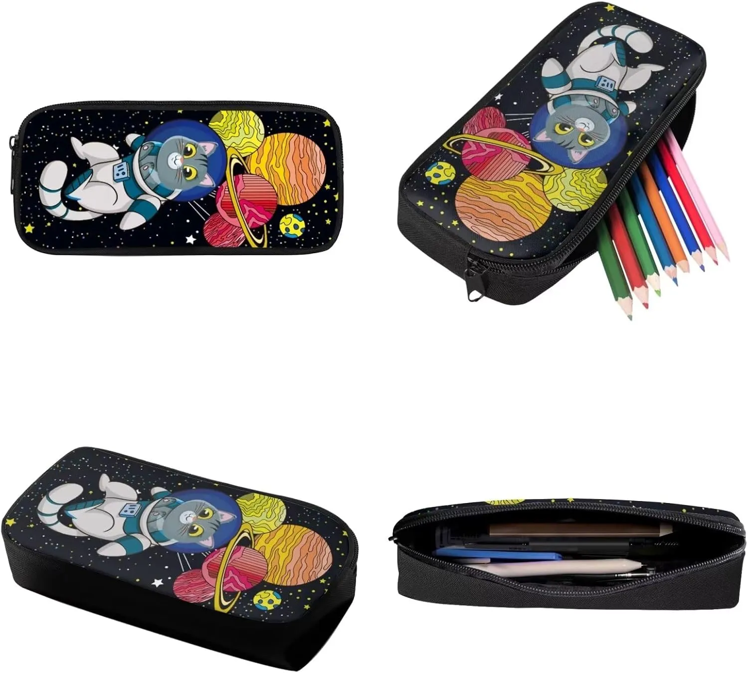 Cartoon Cat Planet Print Backpack Set Large Capacity School Bookbag for Student Travel Laptop Bag 3 Pack Bookbag Lunch Box Pen Case Knapsack Rucksack Daypack for Boys Girls
