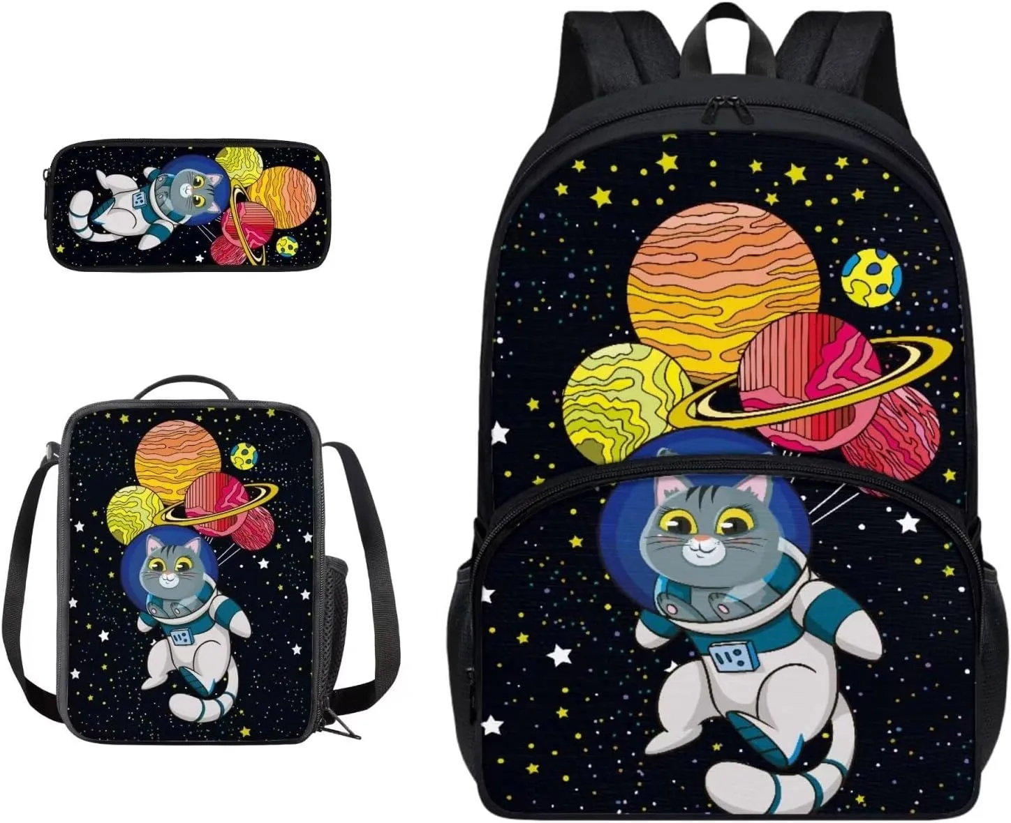 Cartoon Cat Planet Print Backpack Set Large Capacity School Bookbag for Student Travel Laptop Bag 3 Pack Bookbag Lunch Box Pen Case Knapsack Rucksack Daypack for Boys Girls